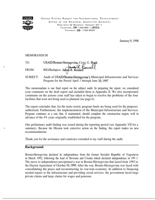 Audit of USAID/Bosnia-Herzegovina"s municipal infrastructure and services program for the period April 1 through June 30, 1997