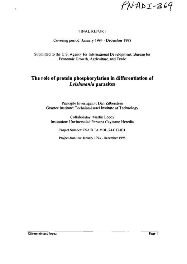Final report covering period : January 1994-December 1998 -- role of protein phosphorylation in differentiation of leishmania parasites