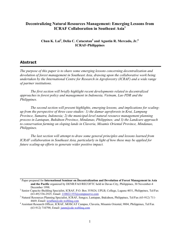 Decentralizing natural resources management : emerging lessons from ICRAF collaboration in Southeast Asia