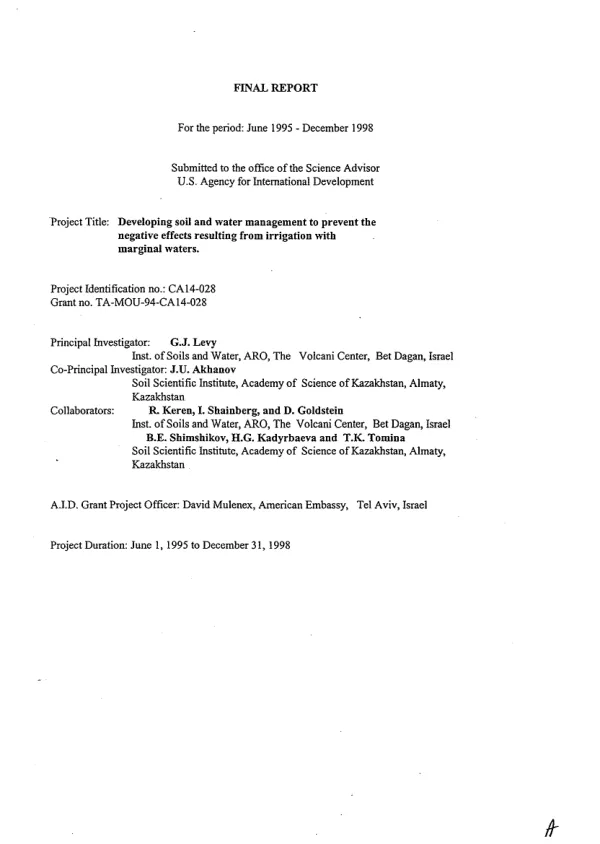 Final report for the period June 1995-December 1998 : developing soil and water management to prevent the negative effects resulting from irrigation with marginal waters
