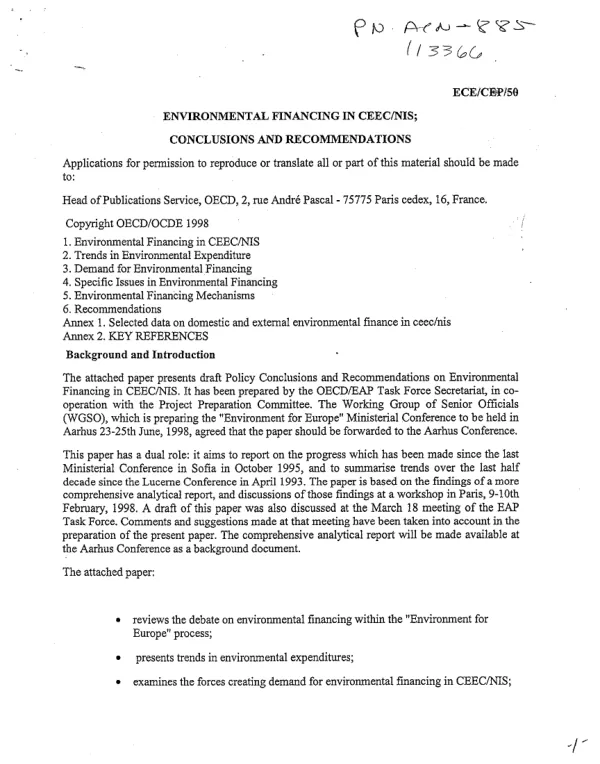 Environmental financing in CEEC/NIS [Central and Eastern Europe countries/New Independent States] : conclusions and recommendations
