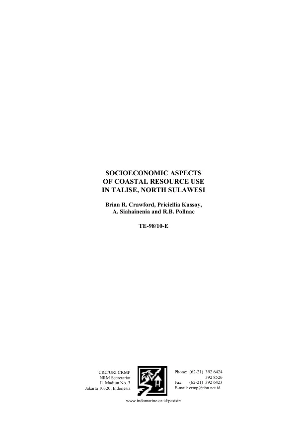 Socioeconomic aspects of coastal resource use in Talise, North Sulawesi[, Indonesia]