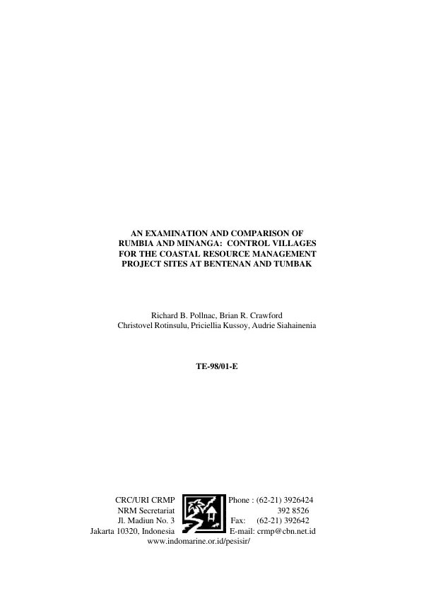 Examination and comparison of Rumbia and Minanga : control villages for the coastal resource management project sites at Bentenan and Tumbak[, Indonesia]