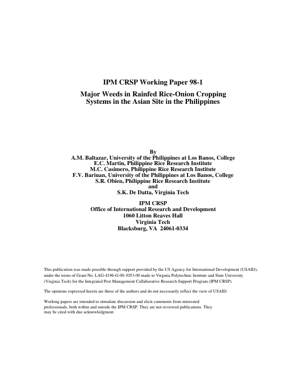 Major weeds in rainfed rice-onion cropping systems in the Asian site in the Philippines