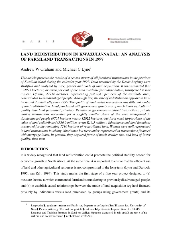 Land distribution in Kwazulu-Natal[, South Africa] : an analysis of farmland transactions in 1997