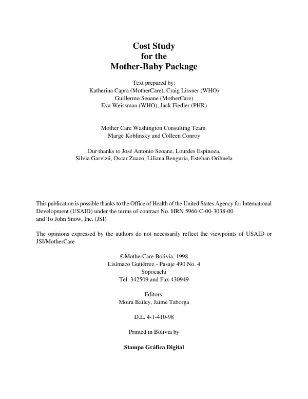 Cost study for the mother-baby package