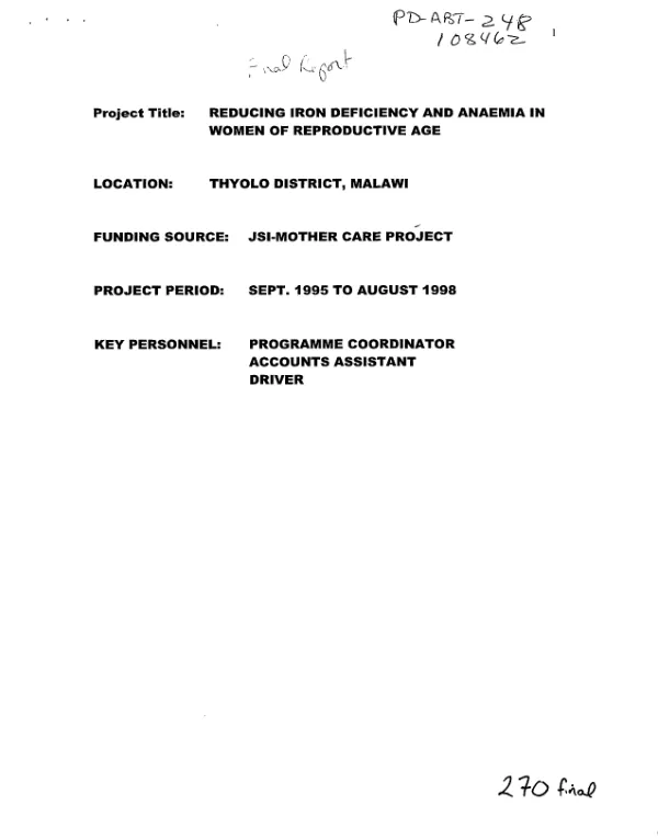 Reducing iron deficiency and anaemia in women of reproductive age, Thyolo District, Malawi : Sept. 1995 to August 1998 [-- final report]