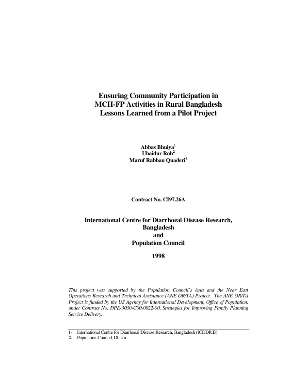 Ensuring community participation in MCH-FP (maternal child health-family planning) activities in rural Bangladesh : lessons learned from a pilot project