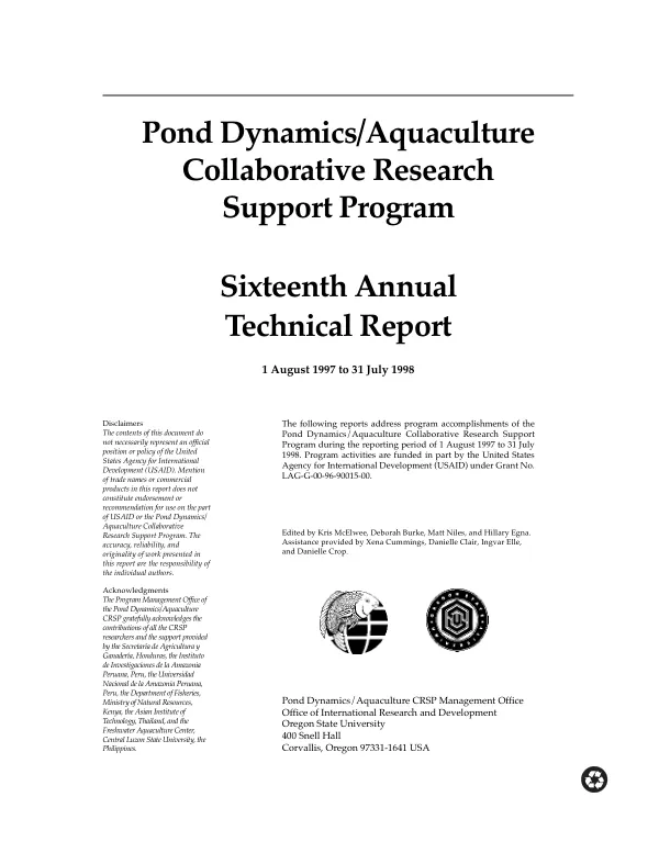 Pond dynamics/aquaculture collaborative research support program (PD/A CRSP) : sixteenth annual technical report -- 1 August 1997 to 31 July 1998