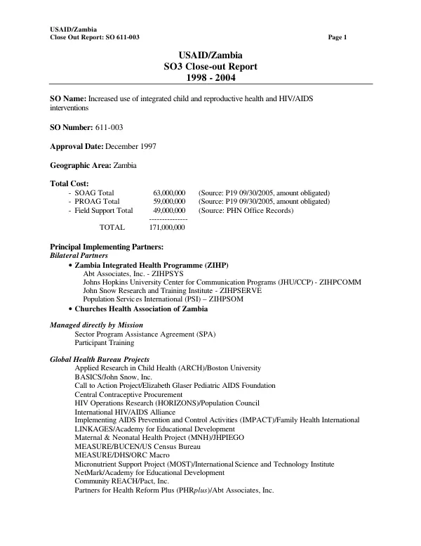 USAID/Zambia SO3 close-out report, 1998-2004