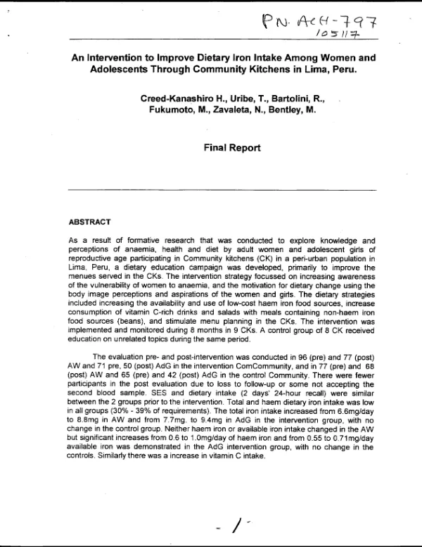 Intervention to improve dietary iron intake among women and adolescents through community kitchens in Lima, Peru : final report
