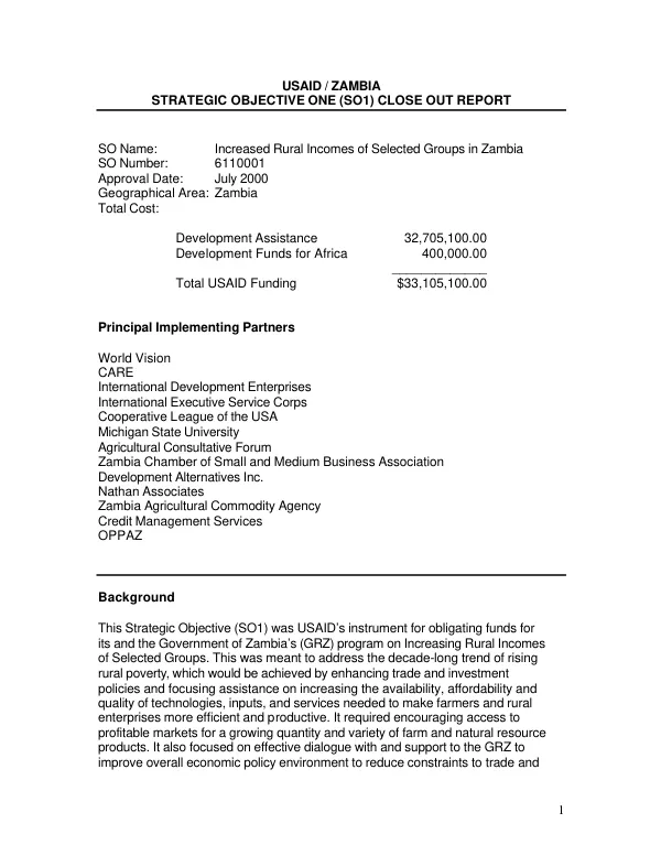 USAID/Zambia strategic objective one (SO1) close out report