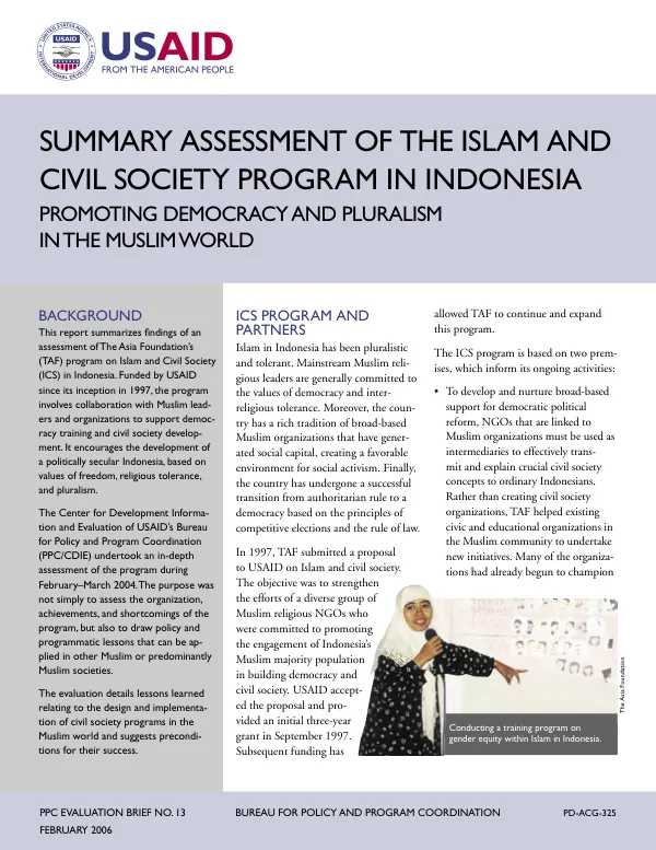 Summary assessment of the Islam and civil society program in Indonesia : promoting democracy and pluralism in the Muslim world