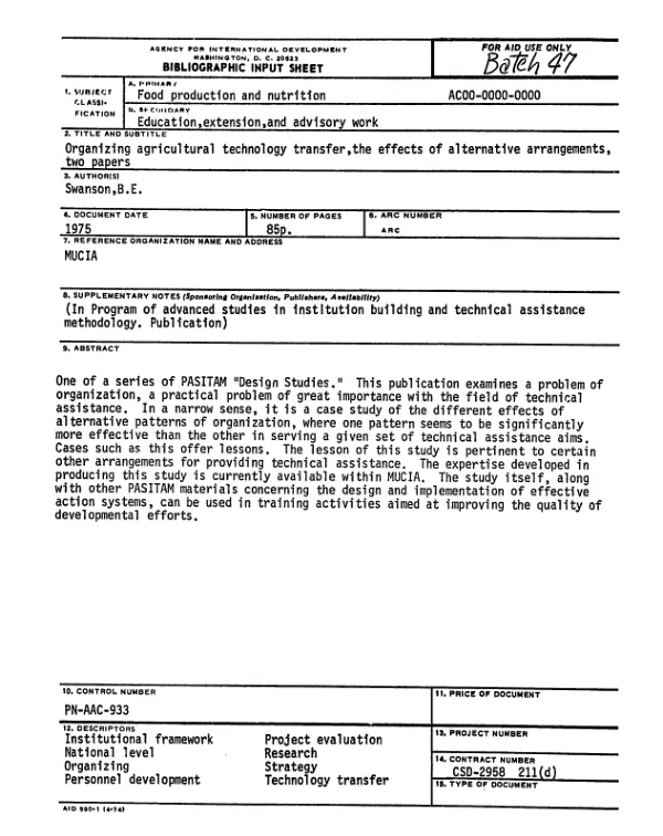 Organizing agricultural technology transfer : the effects of alternative arrangements : two papers