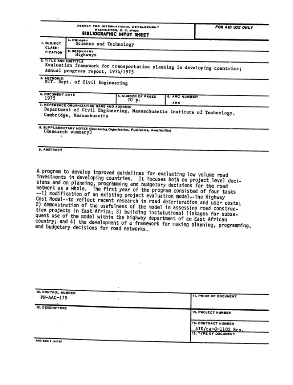 Evaluation framework for transportation planning in developing countries; annual progress report, 1974/1975