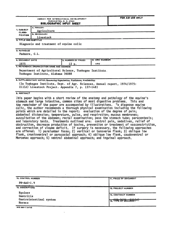 Diagnosis and treatment of equine colic