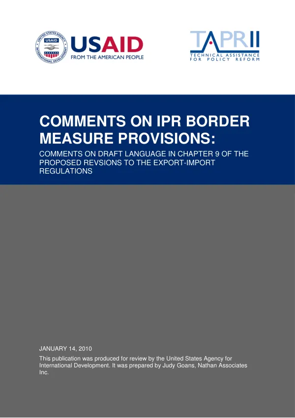 Comments on IPR border measure provisions : comments on draft language in chapter 9 of the proposed revisions to the export-import regulations