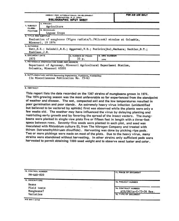 Evaluation of mungbeans (Vigna Radiata/L./Wilczek) strains at Colombia, Mo. in 1974
