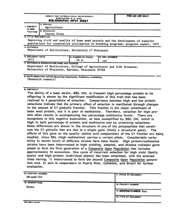Improving yield and quality of bean seed protein and the development of superior populations for cooperative utilization in breeding programs; progress report, 1975