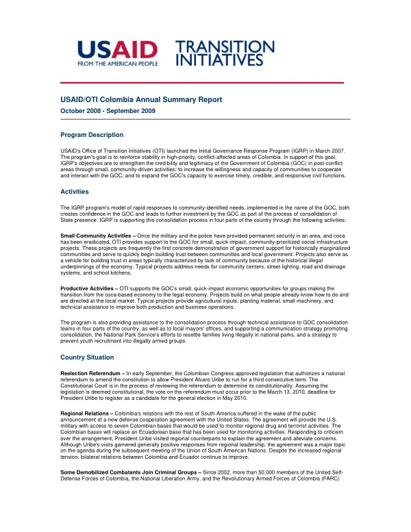 USAID/OTI Colombia annual summary report, October 2008-September 2009
