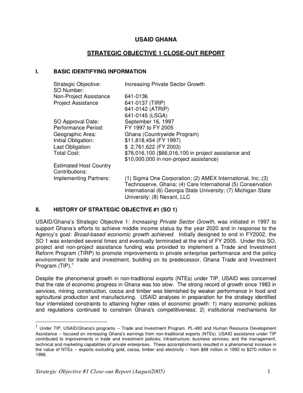 USAID Ghana : strategic objective 1 close-out report -- increasing private sector growth