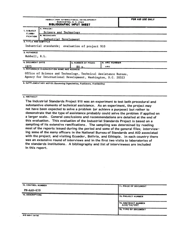 Industrial standards; evaluation of project 910