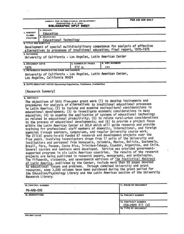 Development of special multidisciplinary competence for analysis of effective alternatives to processes of traditional education; final report, 1970-1975