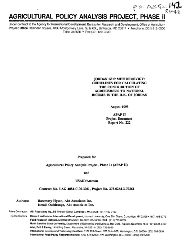 Jordan GDP [gross domestic product] methodology : guidelines for calculating the contribution of agribusiness to national income in the H.K. of Jordan