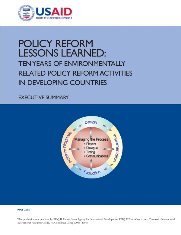 Policy reform lessons learned : ten years of environmentally related policy reform activities in developing countries -- executive summary