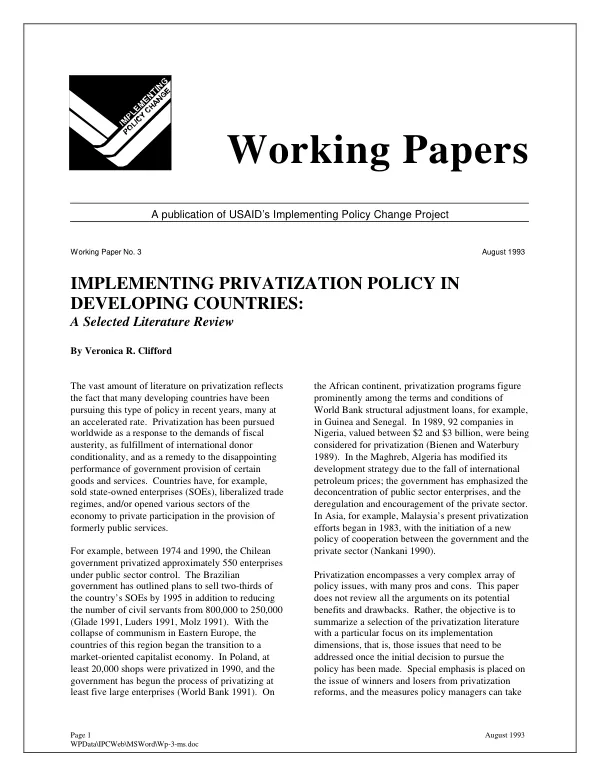 Implementing privatization policy in developing countries : a selected literature review