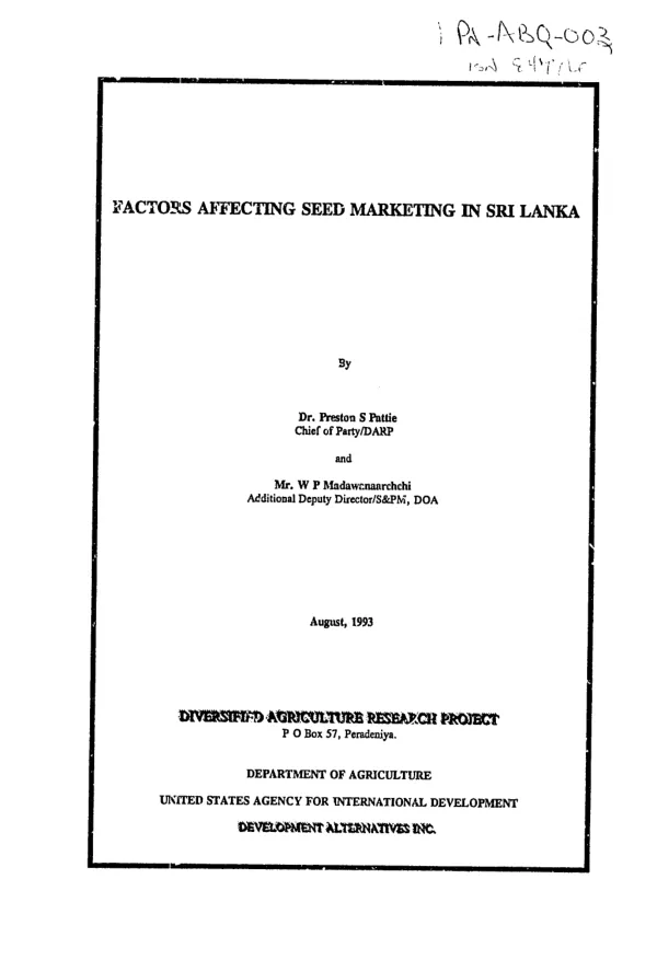 Factors affecting seed marketing in Sri Lanka