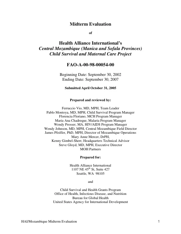 Midterm evaluation of Health Alliance International's Central Mozambique (Manica and Sofala Provinces) child survival and maternal care project