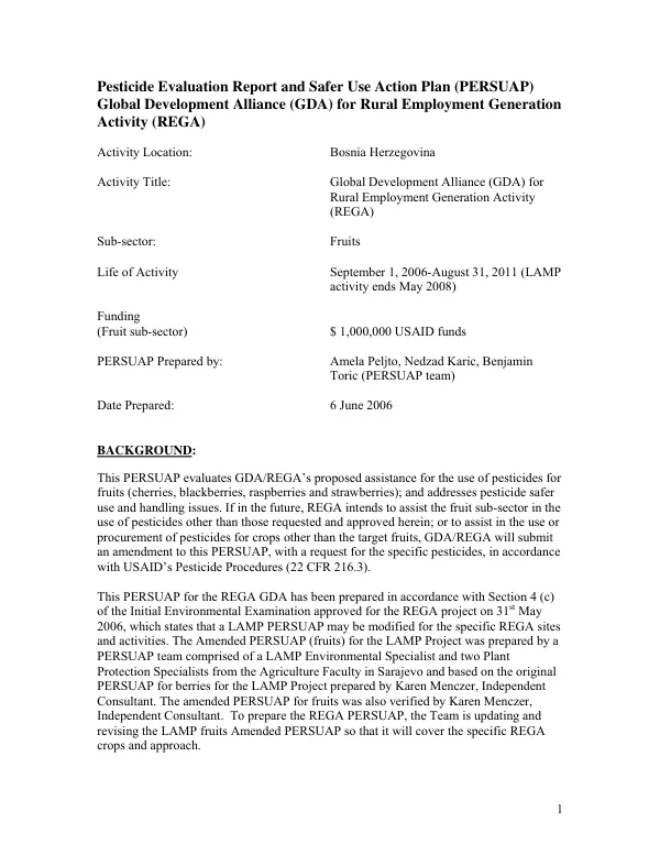 Amended pesticide evaluation report and safer use action plan (PERSUAP) : global development alliance (GDA) for rural employment generation activity (REGA)