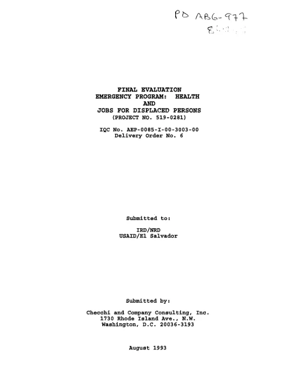 Final evaluation : emergency program -- health and jobs for displaced persons
