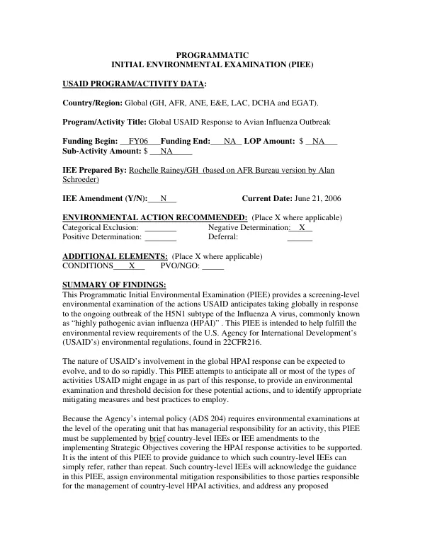 Programmatic initial environmental examination (PIEE) : global USAID response to avian influenza outbreak