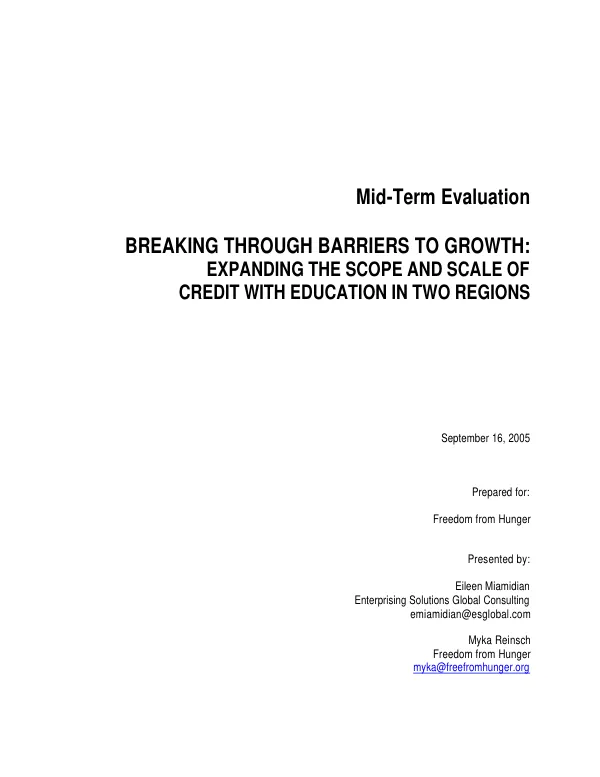 Mid-term evaluation : breaking through barriers to growth -- expanding the scope and scale of credit with education in two regions