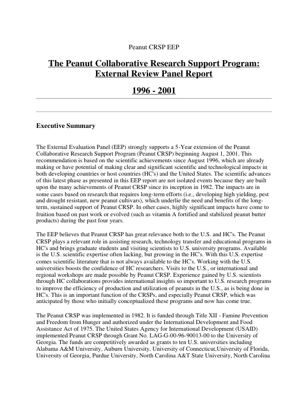 Peanut CRSP EEP : the peanut collaborative research support program -- external review panel report : 1996-2001