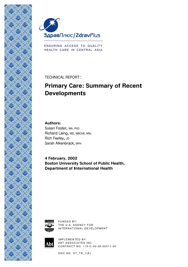 Technical report : primary care -- summary of recent developments