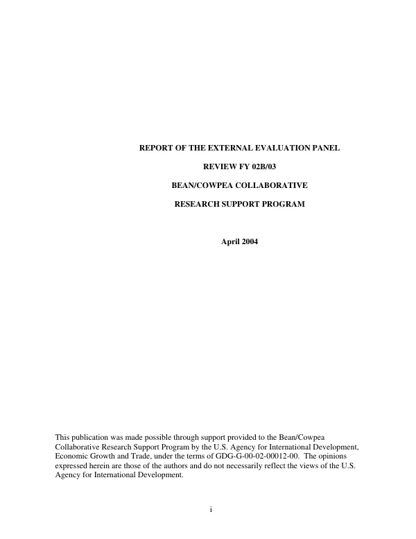 Report of the external evaluation panel review FY 02B/03 bean/cowpea collaborative research support program
