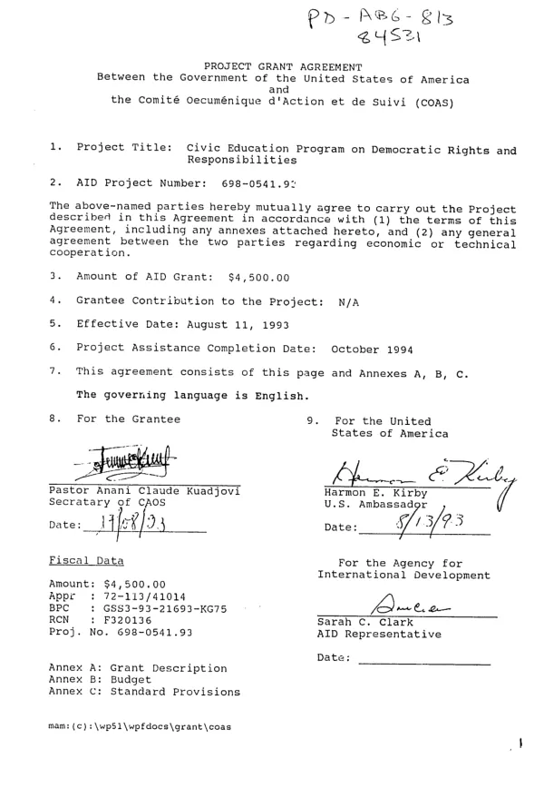 Project grant agreement between the Government of the United States of America and the Comite Oecumenique d"Action de de Suivi (COAS), located in Lome, Togo