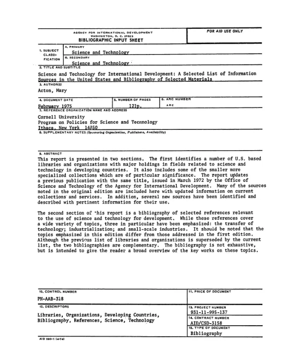Science and technology for international development, a selected list of information sources in the US and bibliography of selected materials