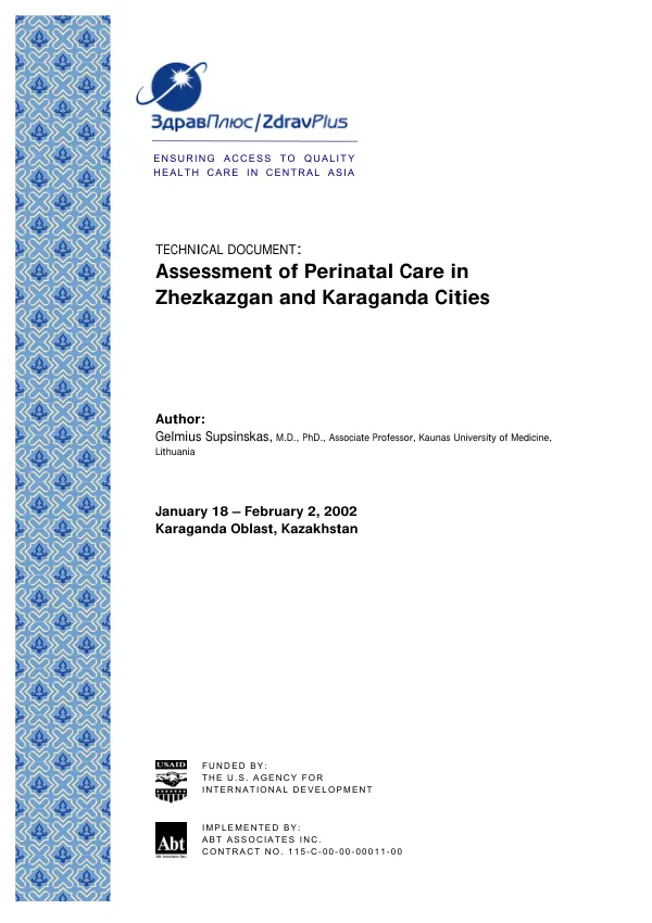 Assessment of perinatal care in Zhezkazgan and Karaganda Cities[, Kazakhstan]