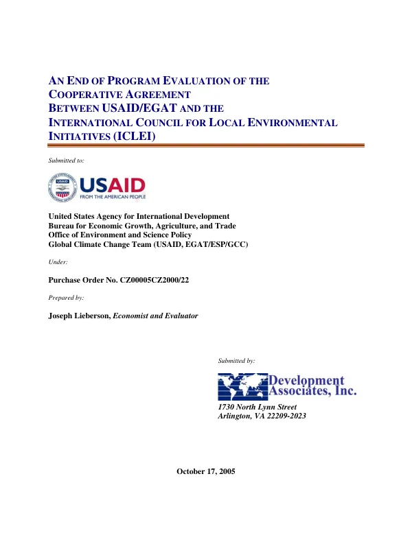 End of program evaluation of the cooperative agreement between USAID/EGAT and the International Council for Local Environmental Initiatives (ICLEI)