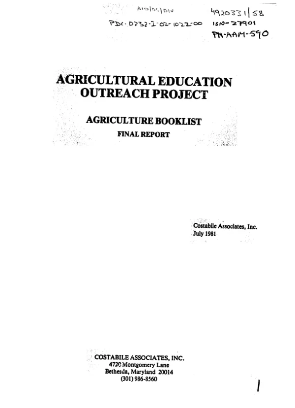 Agricultural education outreach project : agriculture booklist, final report