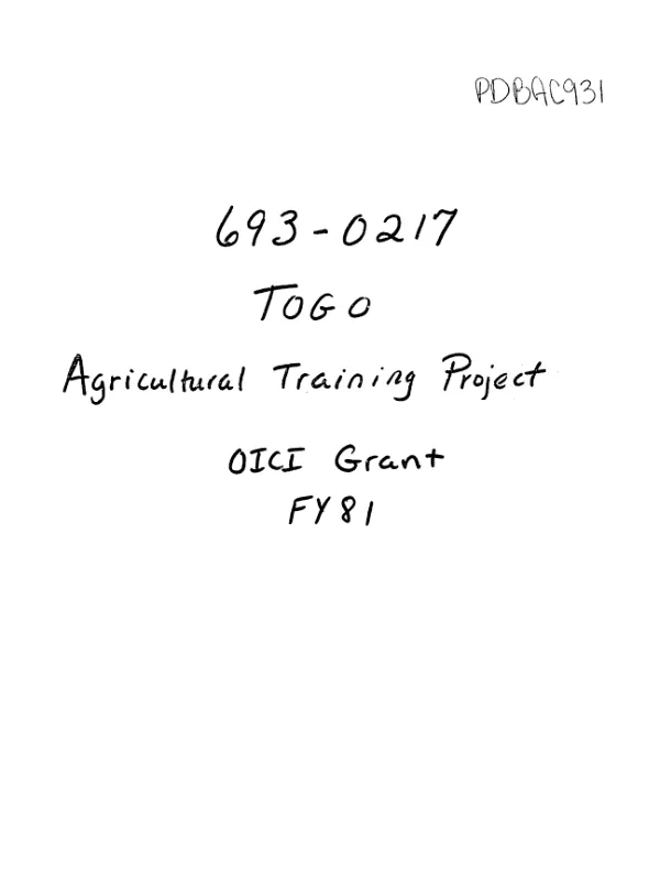 AID grant to Opportunities Industrialization Centers International, Inc. (OICI) for a non-formal agricultural training center and demonstration farm at Notse
