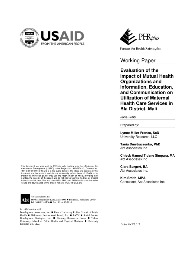 Evaluation of the impact of mutual health organizations and information, education, and communication on utilization of maternal health care services in Bla District, Mali