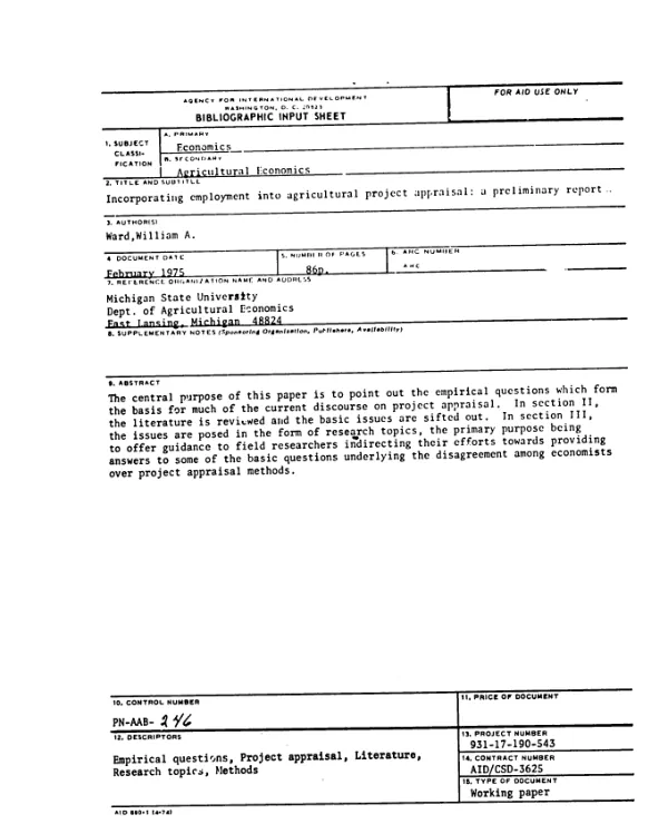 Incorporating employment into agricultural project appraisal, a preliminary report