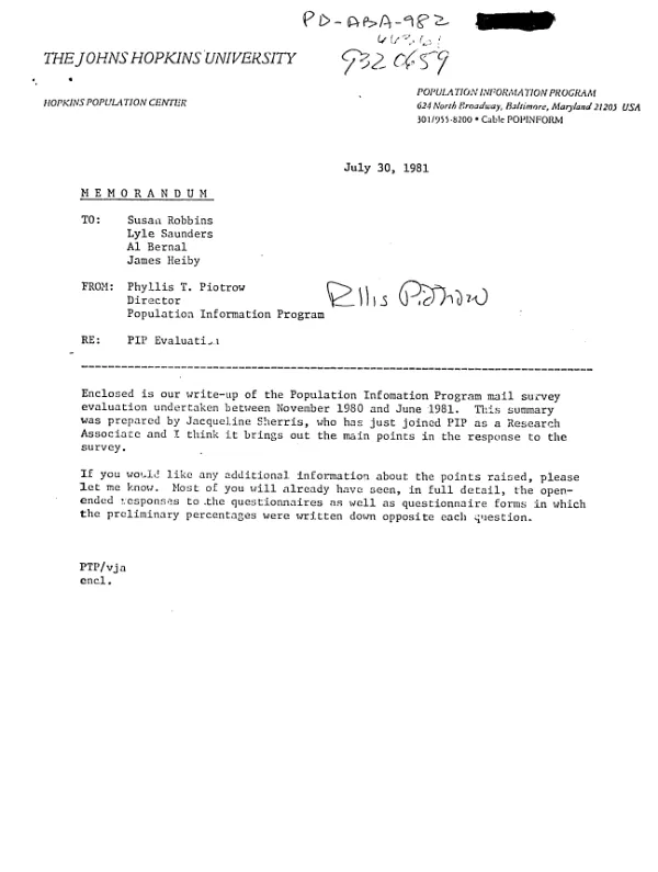 Population information program mail survey evaluation from November 1980 to June 1981