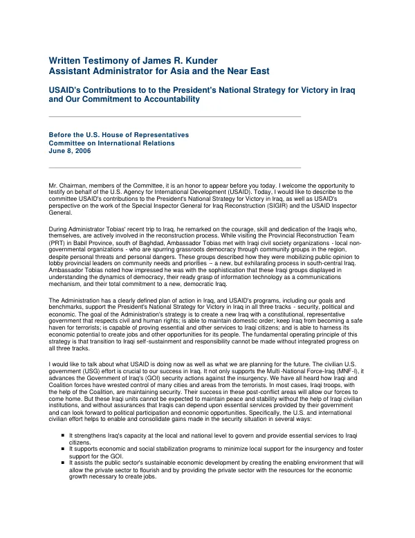 USAID"s contributions to the President"s national strategy for victory in Iraq and our commitment to accountability