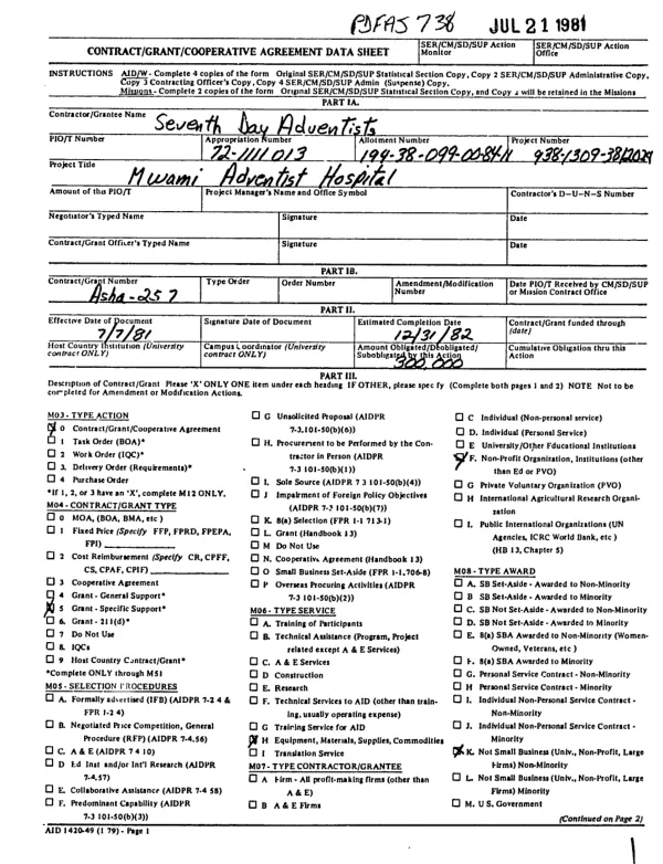 Grant by the United States of America to Seventh Day Adventist World Service, Inc. for Mwami Adventist Hospital